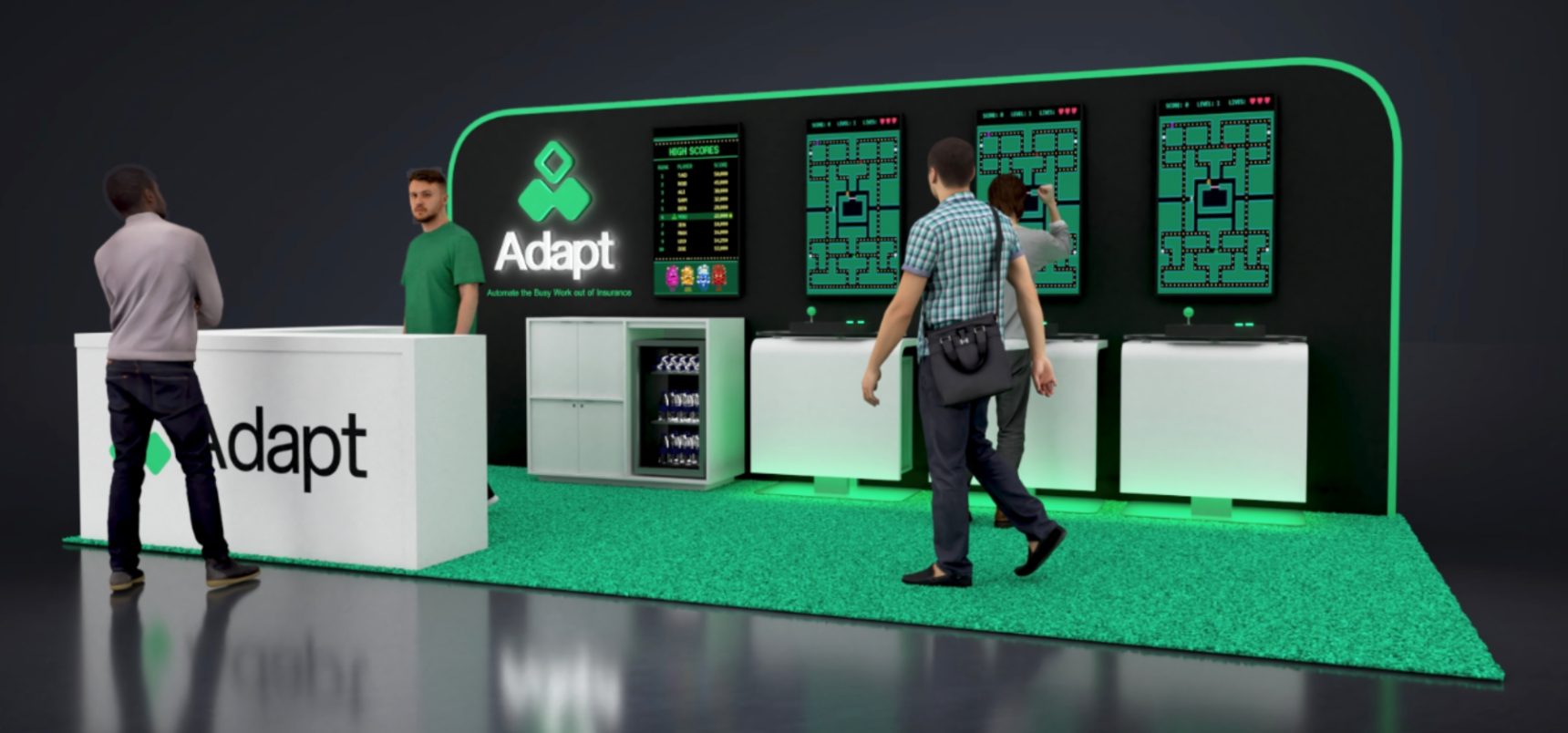 Adapt booth 517 — full elevation with Adapt Man arcade wall and welcome desk